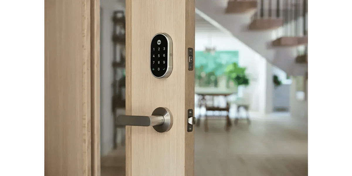 Warranty image of keyless door entry on Merit Homes website warranty page.